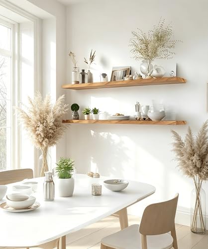 48 Inch Rustic Wood Floating Shelves Farmhouse Wooden Wall Shelves for Bathroom Bedroom Living Room Kitchen Office Set of 4 Light Brown - Image 5