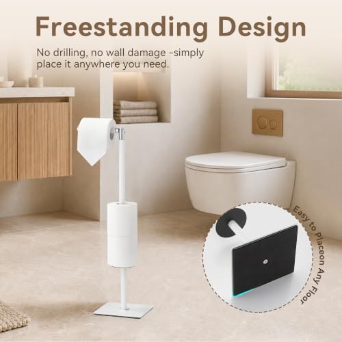 Freestanding Bathroom Tissue Stand with 180° Rotating Arm, 3-Roll Metal Holder, Rustproof White - Image 4