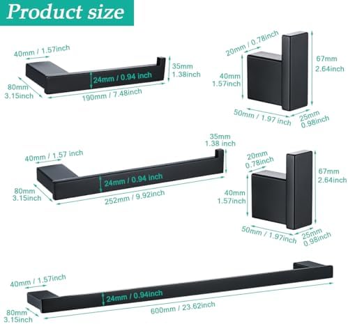 5-Pieces Matte Black Bathroom Accessories Set, Stainless Steel Bathroom Hardware Set, 23.6 Inch Bath Towel Bar Set, Towel Hooks,Towel Racks for Bathroom Wall Mounted,SE96009S-5MB - Image 2