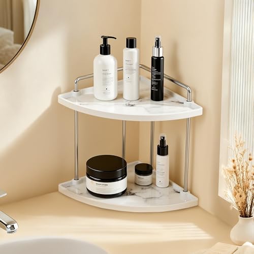 KES Hancrafted Ceramic Corner Bathroom Counter Organizer, 2-Tier Bathroom Countertop Organizer with Marble Pattern, Vanity Skincare Perfume and Makeup Storage, Polished Chrome, BSC901-CH - Image 3