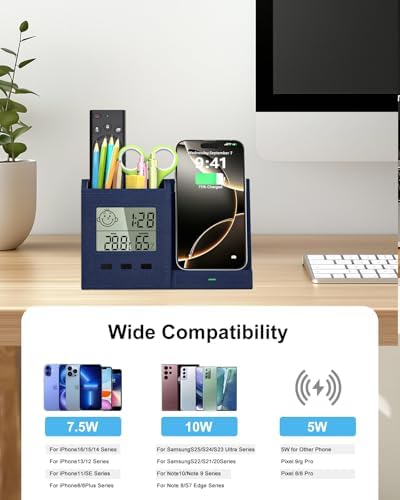 Desk Organizer with Wireless Charger, Digital Clock, Thermometer & Hygrometer - Multi-Functional Pencil Holder, Office Desk Accessories Storage Caddy for Home, Office, Men, Women (Battery Included) - Image 6