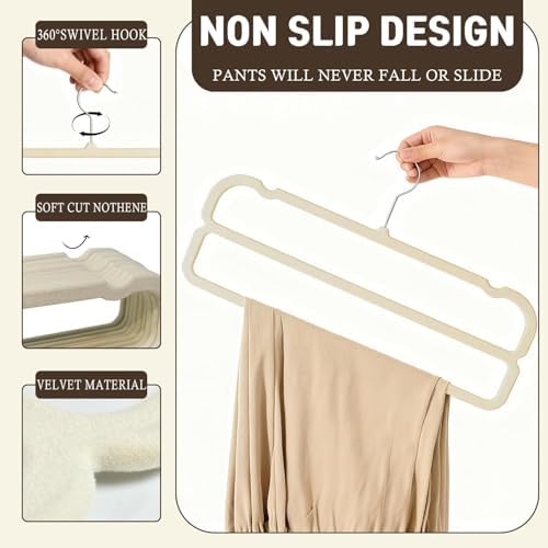VSV stoage Velvet Pants Hangers with Double Non Slip Bar - Multiple Velvet Hangers for Closet - Thin Space Saving Clothes Hanger - 360° Swivel Felt Trouser Hanger Perchas Terciopelo 10 Pack (Beige) - Image 3