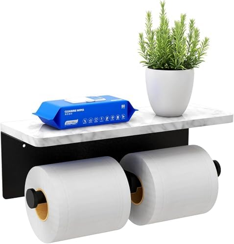Toilet Paper Holder with Natural Marble Shelf for Bathroom Washroom,Wall Mounted Tissue Holder Suitable for Mega Roll (Matte Black, Large 11.8 * 4.7) by Nodafuer
