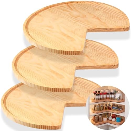 Leinuosen 3 Pcs 28 Inch Banded Pine Wood Full Kidney Shaped Lazy Susan for Corner Base Cabinets with Steel Swivel Bearing for Kitchen Turntables Pantry Spice Can Storage, Not Include Metal Rod by Leinuosen