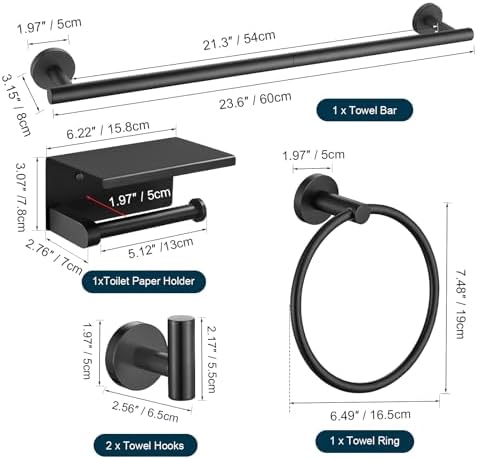 TURS Matte Black 5-Piece Bathroom Hardware Set Towel Bar Set SUS304 Stainless Steel Towel Racks for Bathroom Wall Mounted, 23.6-Inch - Image 7