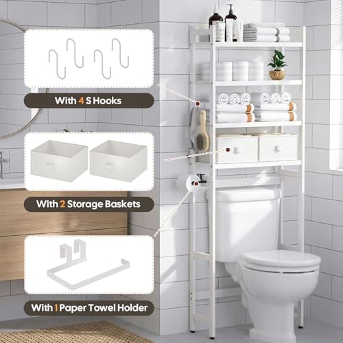 Homde Bathroom Over Toilet Storage Rack: Adjustable 4-Tier Bamboo (White) - Image 3