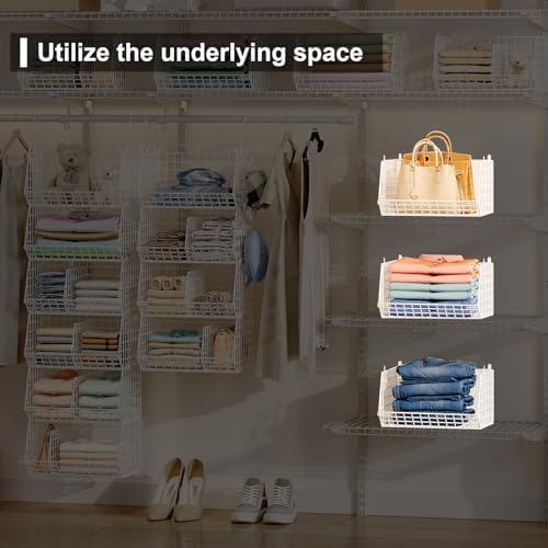 Jautokerdar 6 Tier Extra Large Hanging Closet Organizer, Closet Storage Hanging with Dividers, Wire Closet Shelf with 5 S Hooks 4 Dividers,Sweater Handbag Hat Accessory Storage Hanger,White - Image 5
