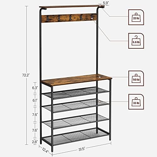 VASAGLE Hall Tree with Shoe Bench, 5-Tier Shoe Rack, 5 Dual Hooks - Image 2