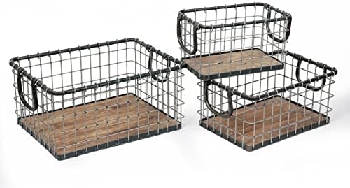 Set of 3 Rectangular Sturdy Hand Welded Farmhouse Metal Wire Basket with Rustic Wooden Bottom For Shelves, Closet Storage Bins for Shelves. Also For Laundry, Towel, Spice Rack, Tool Box (SET OF 3) by Unknown