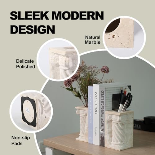 Roman Column Book Ends Decorative, 4-in-1 Heavy Duty Marble Bookend for Shelves, Unique Pen Holder & Mini Flower Vase, Classic Greek Statue for Office Home Desk Decor (2PC, Beige) - Image 3