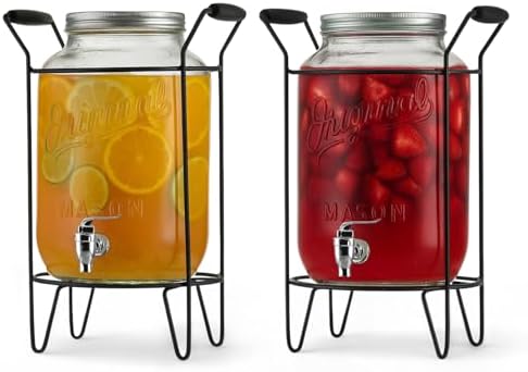 2 PACK-2 GALLON Drink Dispensers for Parties, Drink Dispensers for Parties, Original Mason Beverage Dispensers with Stand, Glass Water Jug Dispenser, 100% Leakproof Spigot by MosJos