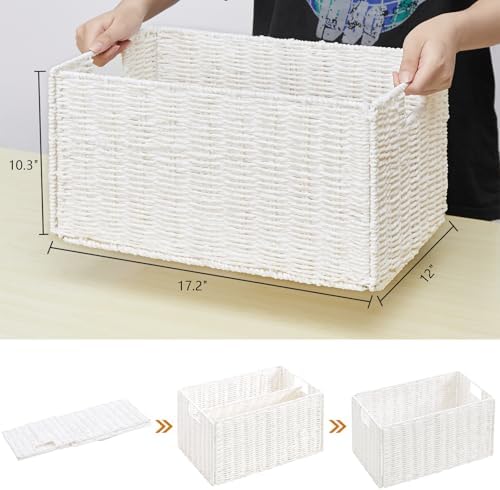 Vagusicc Wicker Storage Basket, Set of 2 Hand-Woven Paper Rope Wicker Basket, Large Storage Baskets for Organizing, Foldable Large Cube Storage Organizer Bins for Shelves (White) - Image 2