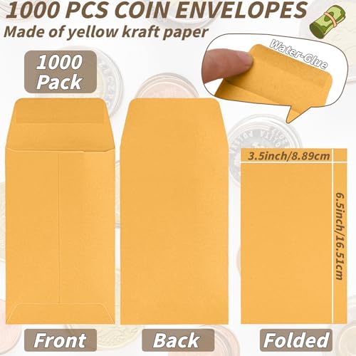 1000 Pack Money Envelopes 3.5x6.5in Brown Kraft Small Cash Envelopes Small Parts Envelopes with Gummed Flap for Home and Office Use, Small Item Organizer - Image 2