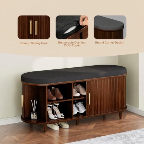 DHH 2-Tier Storage Bench,Wide Shoe Bench with Thickened Padded Seat Cushion, Mid Century Modern Fluted Sliding Door and Adjustable Shelf, for Entryway, Living Room, Bedroom (Walnut, 43.3“) - Image 7