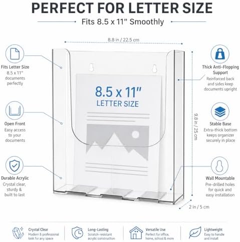 Cabilock 4 Pcs Acrylic Wall File Organizer Clear Vertical Paper Folder Holder Wall Mount Magazine Pocket Brochure Stand for Office Desk 9.8x8.8 In (4PCS) - Image 4