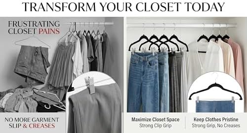 Velvet Pants Skirt Hangers with Clips - Pack of 20 Black Shirt Clothes Felt Non Slip Heavy Duty Slim Hanger Set for Skirts Pant Suit Shorts Women Dress,Space Saving with Two Metal Clip - Image 5