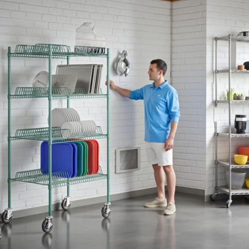 PRO&Family 24" x 36" Mobile Green Epoxy 4-Tier Commercial Drying Rack with Casters – Heavy Duty Wire Shelving for Dish Drying, Kitchen Storage & Food Service Use (1 1/4" Slots) - Image 2