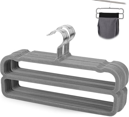 VSV stoage Velvet Pants Hangers with Double Non Slip Bar - Multiple Velvet Hangers for Closet - Thin Space Saving Clothes Hanger - 360° Swivel Felt Trouser Hanger Perchas Terciopelo 10 Pack (Grey) by VSVstoage