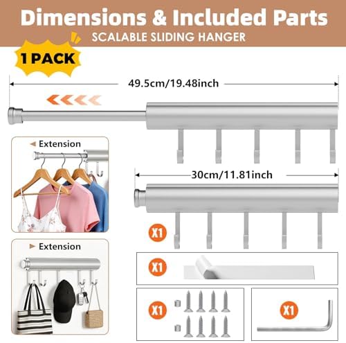 Pisman Valet Rod for Closet Pull Out 12 Inch with 5 Hooks - Silver 1 Pack - Image 3