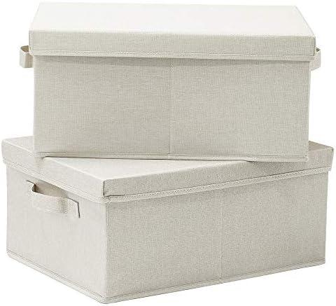 HOONEX Foldable Storage Bins with Lids, 2 Pack, Storage Boxes with Carrying Handles and Sturdy Heavy Cardboard, 16.5" L x 11.8" W x 7.5" H for Shoes, Books, Clothes, Beige by HOONEX