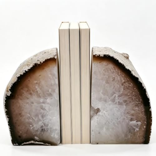 Natural Agate Bookends Pair - 3-4 lbs Heavy Duty Non-Slip Stone Bookends for Shelves | Unique Decorative Book Ends Gift | Home Office Decor by XMHOME
