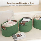 ECDYQXVU 15x10x9 Woven Cotton Rope Storage Basket, Leather Handles 3 Pack - Image 4