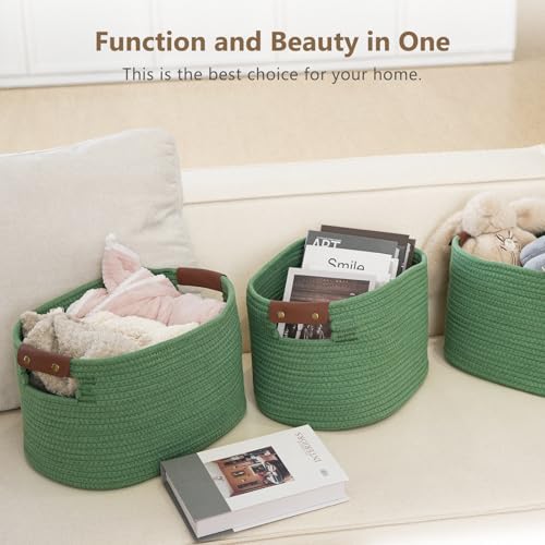 ECDYQXVU 15x10x9" Woven Cotton Rope Storage Basket, Leather Handles 2 Pack - Image 4