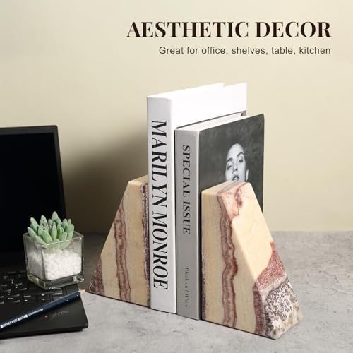 Koville Natural Onyx Bookends for Shelves, Decorative Bookends for Heavy Books, Non-Slip Heavy Duty Book Stopper for CD/Movies, Aesthetic Decorative Book Ends for Bookshevles Table Home Decor - Image 6