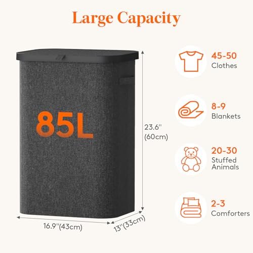 Lifewit 85L Large Laundry Basket with Lid, Laundry Hamper with Plastic Handles and Removable Bag, Foldable Tall Dirty Clothes Hampers for Laundry for Laundry Room, Bedroom, Bathroom, Dorm, Dark Gray - Image 3
