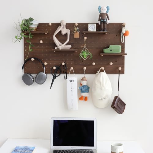 Wooden Pegboard Modular Display Organization Storage Wall Hooks Shelf (Walnut Colored Finish-B-4) - Image 4