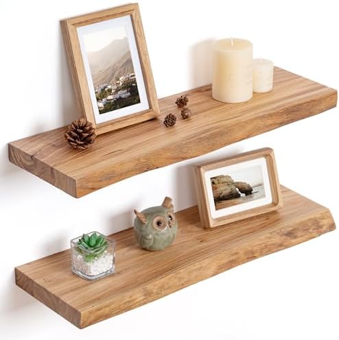 Floating Shelves for Wall Decor, Rustic Solid Elm Wood Live Edge Floating Shelves Wall Mounted, Wall Shelves with Invisible Bracket for Living Room Bathroom Bedroom Kitchen, 24 Inch Set of 2, Natural by FLYJOE
