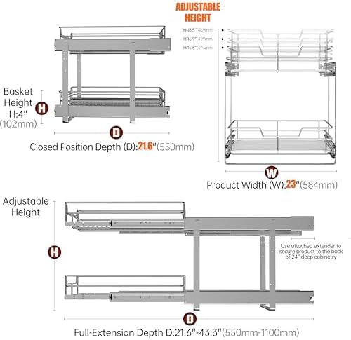 JOWBOOW 2-Tier Pull Out Cabinet Organizer, 23" W x 22" D, Chrome - Image 5