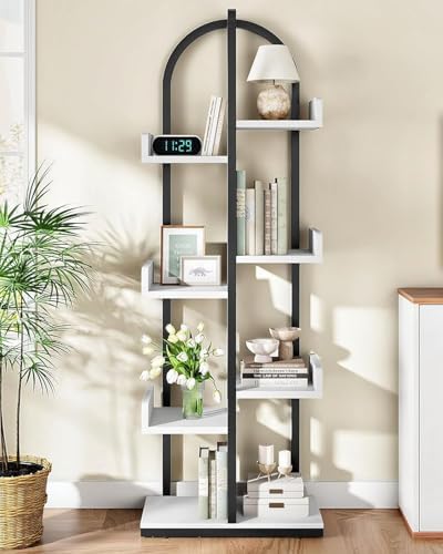 CHOEZON Corner Bookshelf, Curved 6-Tier Bookcase with Anti-Tip Kit, Adjustable Feet and Staggered Shelves for Living Room, Bedroom, Study, Office, White and Black TSJ06BW by Choezon