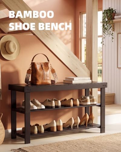SMIBUY Sturdy Bamboo Shoe Rack Bench, 3-Tier Shoe Organizer, Storage Shelf for Entryway Hallway Bathroom Living Room (Dark Brown) - Image 3