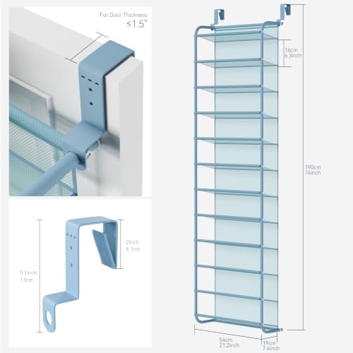 Whitmor 36 Pair Over the Door Shoe Rack,12 Tier Hanging Shoe Organizer with Metal Frame & Mesh shelves, Heavy Duty Shoe Storage Holder for Door,No Drill Installation, 74" H x 21.7" W x 7.5" D, Blue - Image 2