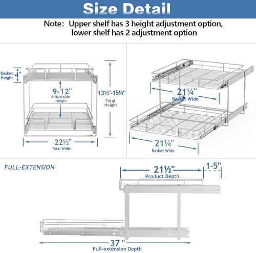 2 Tier Individual Pull Out Cabinet Organizer 22½" W x 21½" D, Heavy Duty Cabinet Pull Out Shelves, Slide Out Drawers Organization for Kitchen Cabinets Bathroom - Image 3