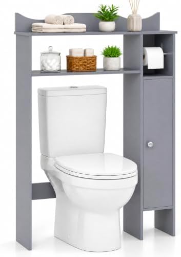 Giantex Over-The-Toilet Storage Cabinet, Bathroom Freestanding Space Saver with 1-Door Side Storage Cabinet & Paper Holder, Toilet Rack Organizer Stand for Bathroom Laundry (Gray) by Giantex