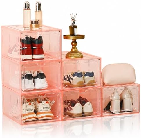 Translucent Pink Shoe Storage Boxes, 2026 2nd Gen Thickened Hard Plastic Stackable Organizer with Magnetic Door, Folding Shoe Racks for Closet, Decorative Sneaker Display Cases, 6 Pack by Fraphil
