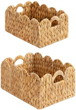 StorageWorks Scalloped Edge Wicker Basket, Hand-woven Rattan Baskets with Built-in Handles, Water Hyacinth Basket for Organizing and Decor, 2 Pack by StorageWorks