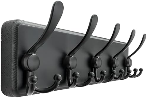 Dseap Coat Rack Wall Mounted - 5 Tri Hooks, Heavy Duty, Wooden Wall Coat Hanger Coat Hook for Clothes Hat Jacket Clothing, Black by Dseap