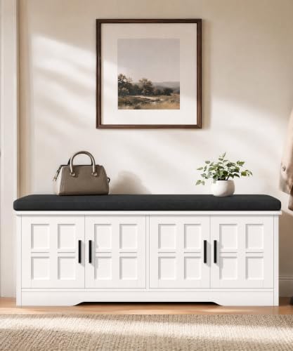 Akxomel 47.2" Shoe Storage Bench 4 Doors Wooden Entryway Bench White by Akxomel