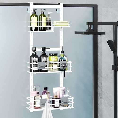 Orimade Over The Door Shower Caddy Adjustable 3 Tier White,Bathroom Hanging Organizer Shelf Rustproof with 4 Hooks,Shower Basket with Soap Holder and Suction Cup by Orimade