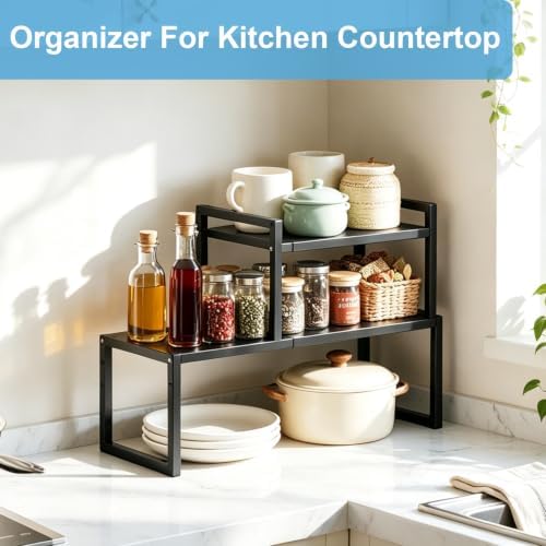 2 Pack Expandable Kitchen Cabinet Shelves Organizer, Stackable Adjustable Cabinet Storage Rack For Kitchen Cabinet, Heavy Duty Metal Shelving Units And Storage For Bowl, Spice, Small Appliance, Black - Image 7