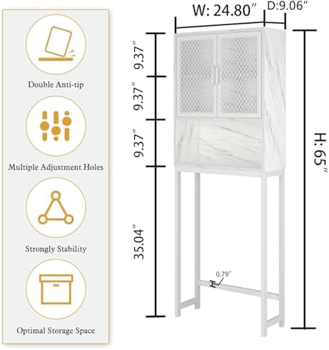 Launica 65 Inch Over The Toilet Storage Cabinet Wood and Metal White Marble - Image 2