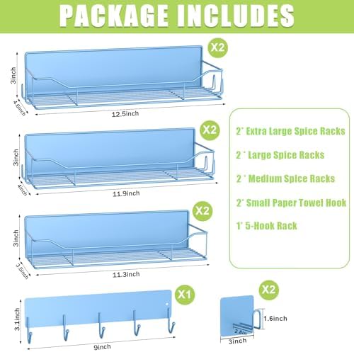 Magnetic Spice Rack for Refrigerator, 9 Pack Magnetic Fridge Shelves W/Adjustable Paper Towel Holder, Hook Rack, Moveable Spice Organizer Shelf for Kitchen Organization and Storage (Blue) - Image 2