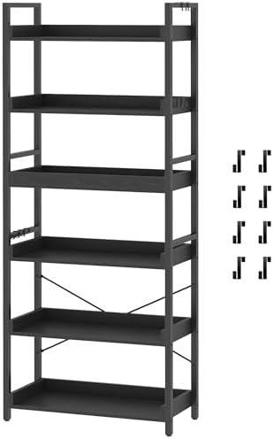 HCHQHS 6 Tier Bookshelf, Adjustable Industrial Bookcase, Vertical Tall Book Shelf, Wood and Black Metal Open Bookshelves for Home Office, Living Room, Bedroom, 70 Inch by HCHQHS