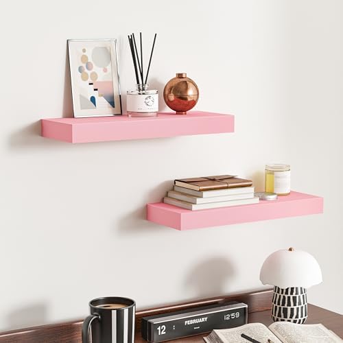 BAMEOS Pink Floating Shelves for Wall, 16" x 6" Wall Shelves for Room, Floating Book Shelves, Hanging Shelves for Bedroom, Bedroom, Living Room, Kitchen (Set of 2) - Image 6