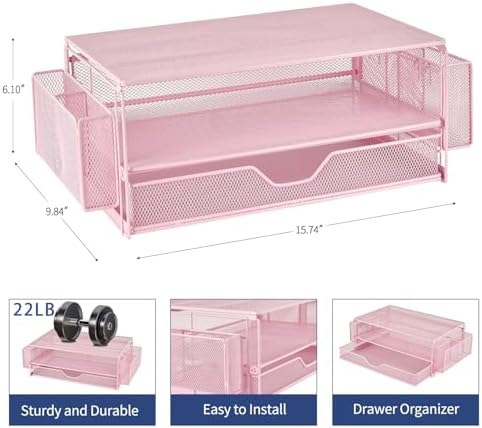 AUPSEN Computer Monitor Stands Riser，2-Tier Desk Organizers and Accessories, Office Desk Accessories Organizer with Drawers and 2 Pen Holder for Office Supplies (Pink) - Image 4