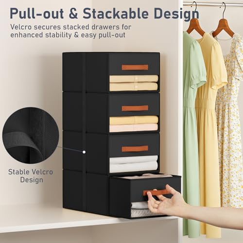 DIMJ Closet Organizers and Storage - Pull-out Fabric Bins with Drawers for Closet Foldable Clothes Organizers with Clear Window, Stackable Storage Drawers for Bedroom,Living Room,Shelf,4-Pack, Black - Image 4