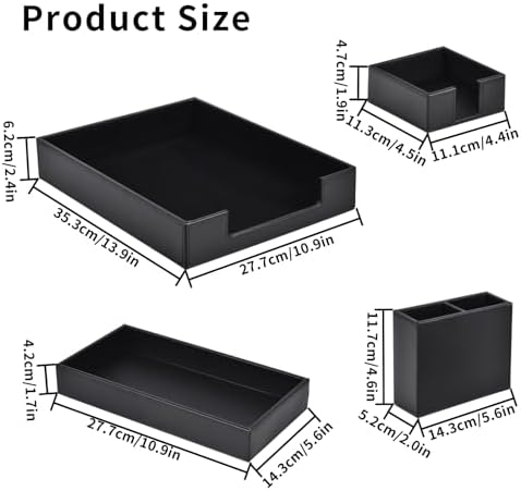 4 Pack Leather Office Supplies/Desk Organizer for Letter Paper Tray,Sticky Note Holder,Pen Cup,Stackable Small Letter Mail Sorter Tray,Workspace Decor for Women Men (Black, 4-piece set) - Image 6
